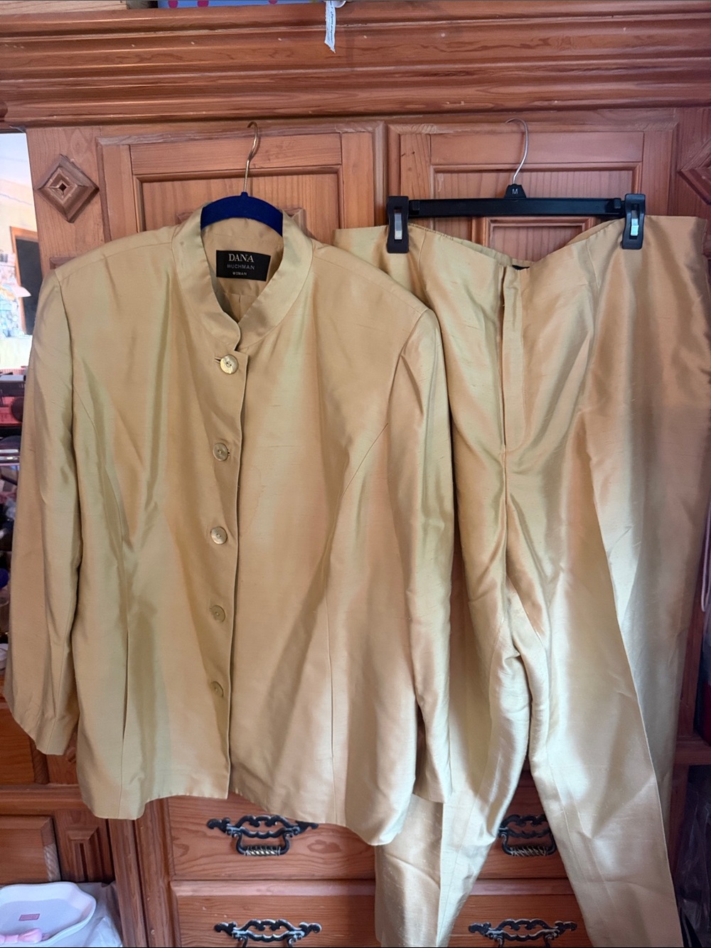 Dana Buchman Metallic Gold Silk Jacket & High-Waist Pants size 18